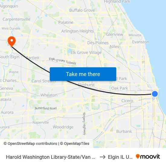 Harold Washington Library-State/Van Buren to Elgin IL USA map