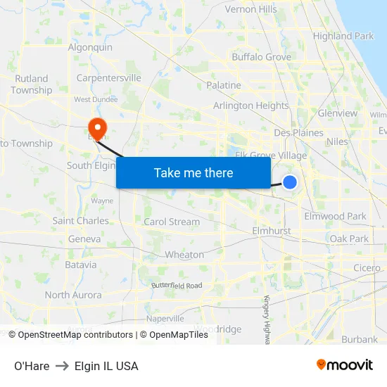 O'Hare to Elgin IL USA map
