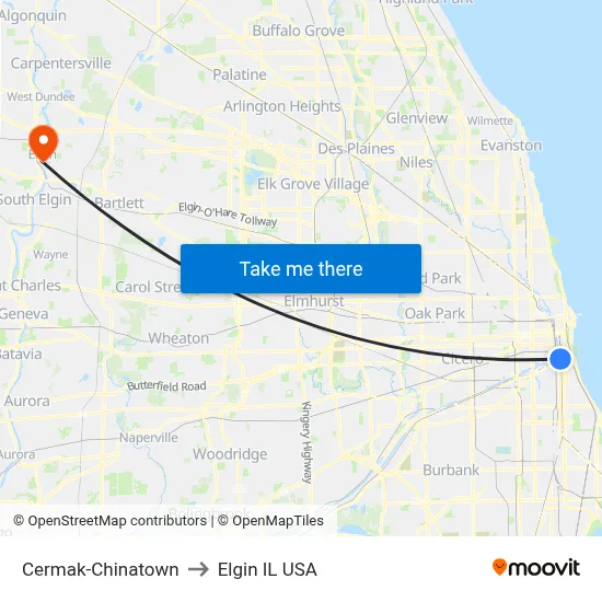 Cermak-Chinatown to Elgin IL USA map