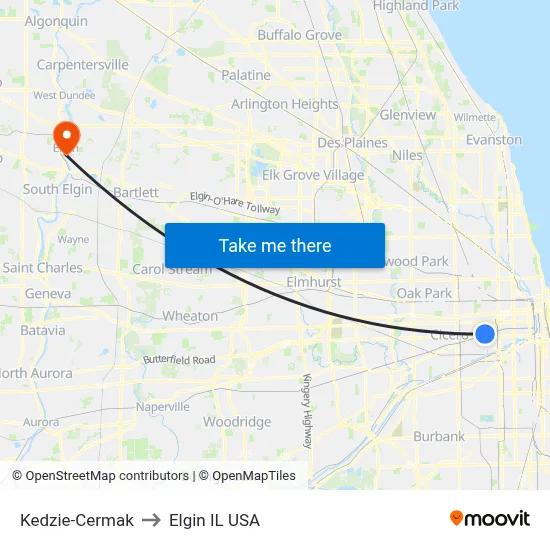 Kedzie-Cermak to Elgin IL USA map