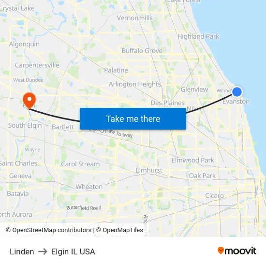 Linden to Elgin IL USA map