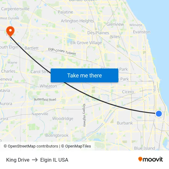 King Drive to Elgin IL USA map