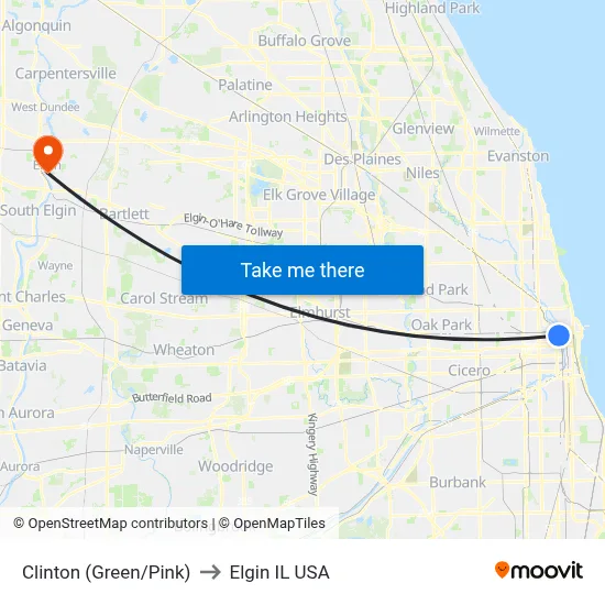 Clinton (Green/Pink) to Elgin IL USA map