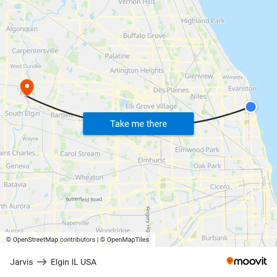 Jarvis to Elgin IL USA map