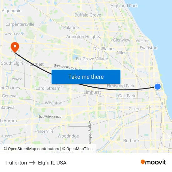 Fullerton to Elgin IL USA map