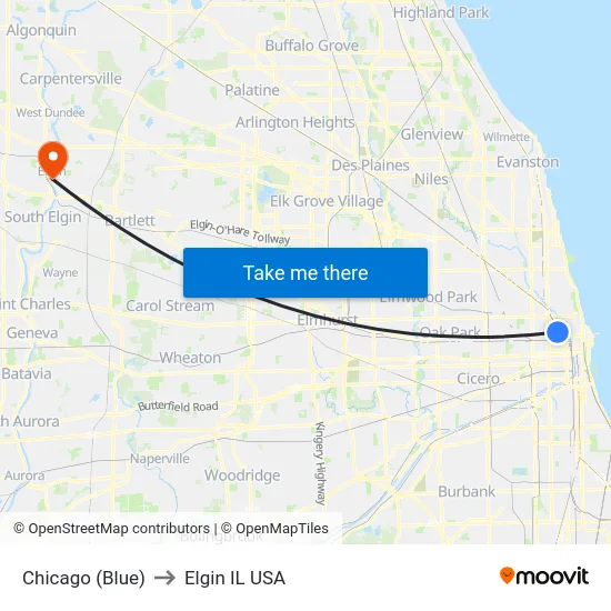 Chicago (Blue) to Elgin IL USA map