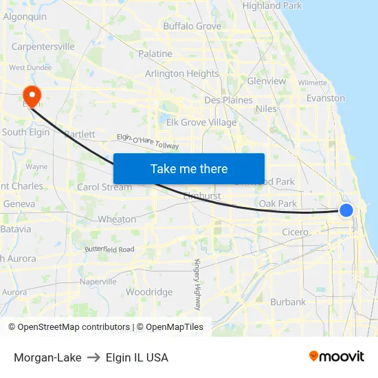Morgan-Lake to Elgin IL USA map