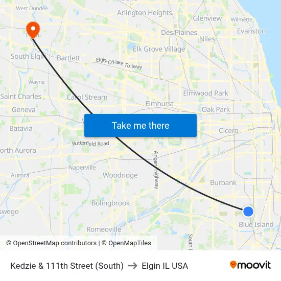 Kedzie & 111th Street (South) to Elgin IL USA map