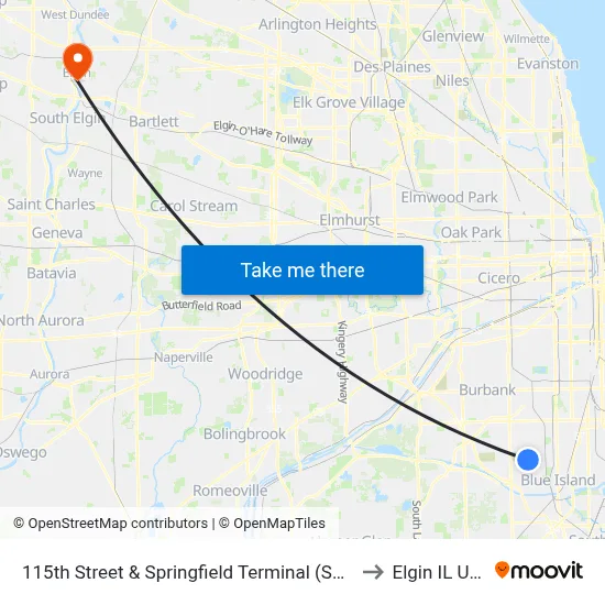 115th Street & Springfield Terminal (South) to Elgin IL USA map