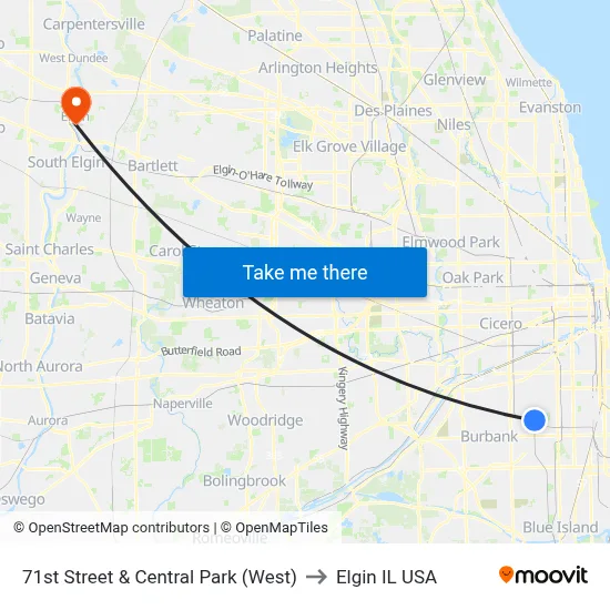 71st Street & Central Park (West) to Elgin IL USA map