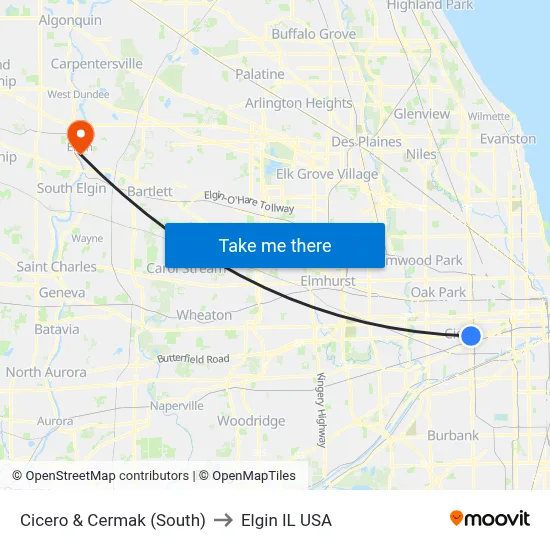 Cicero & Cermak (South) to Elgin IL USA map