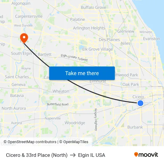 Cicero & 33rd Place (North) to Elgin IL USA map