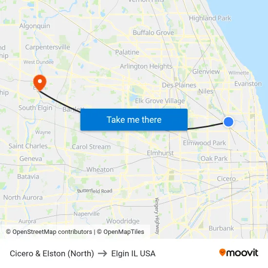 Cicero & Elston (North) to Elgin IL USA map