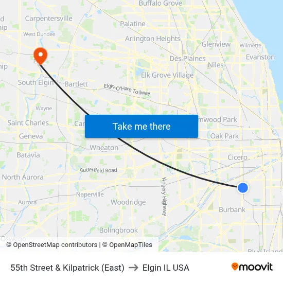55th Street & Kilpatrick (East) to Elgin IL USA map