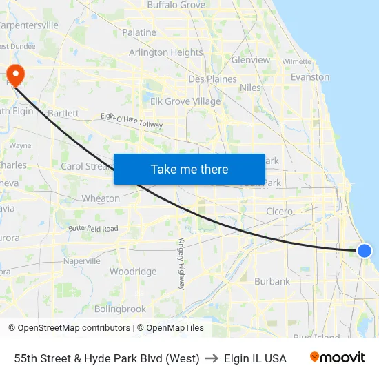 55th Street & Hyde Park Blvd (West) to Elgin IL USA map