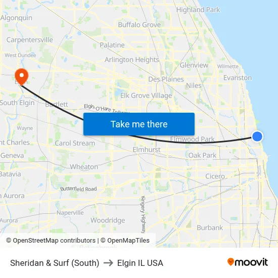 Sheridan & Surf (South) to Elgin IL USA map