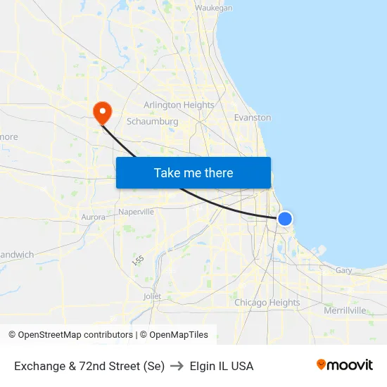 Exchange & 72nd Street (Se) to Elgin IL USA map