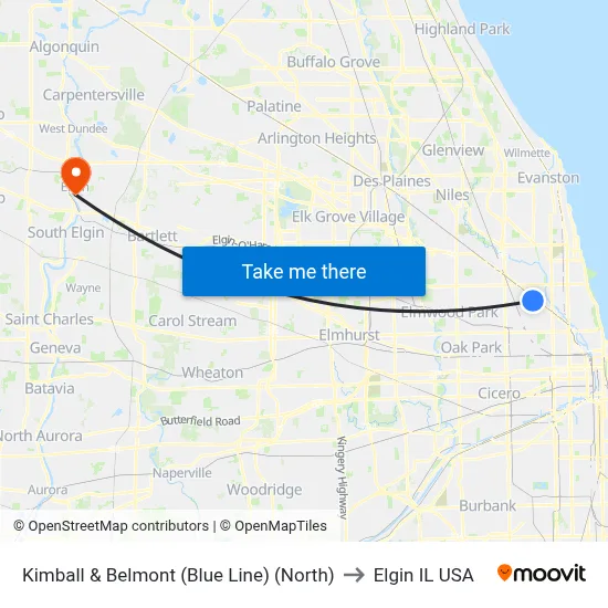Kimball & Belmont (Blue Line) (North) to Elgin IL USA map
