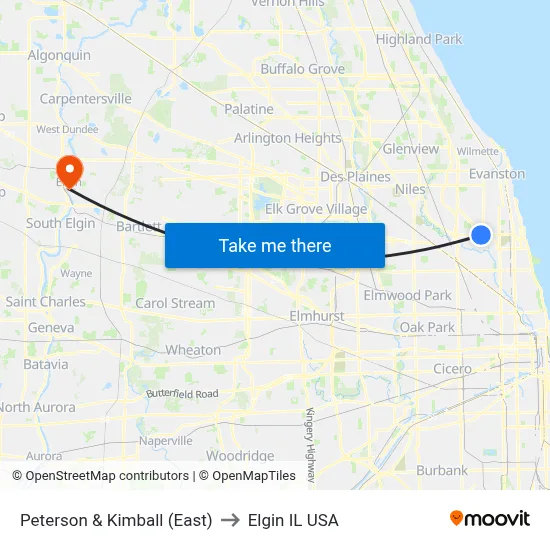 Peterson & Kimball (East) to Elgin IL USA map