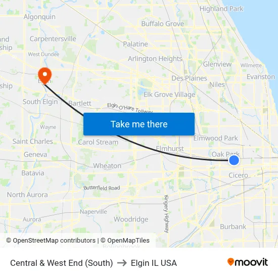 Central & West End (South) to Elgin IL USA map