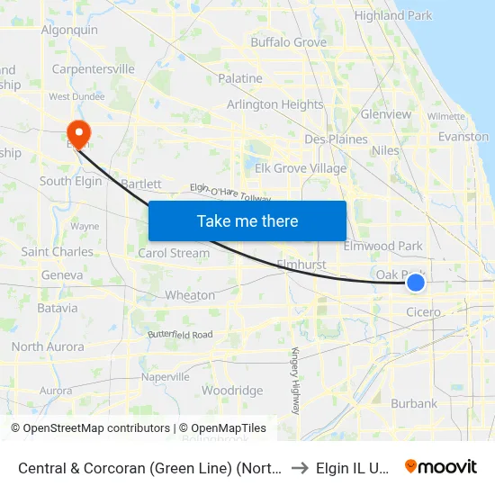 Central & Corcoran (Green Line) (North) to Elgin IL USA map
