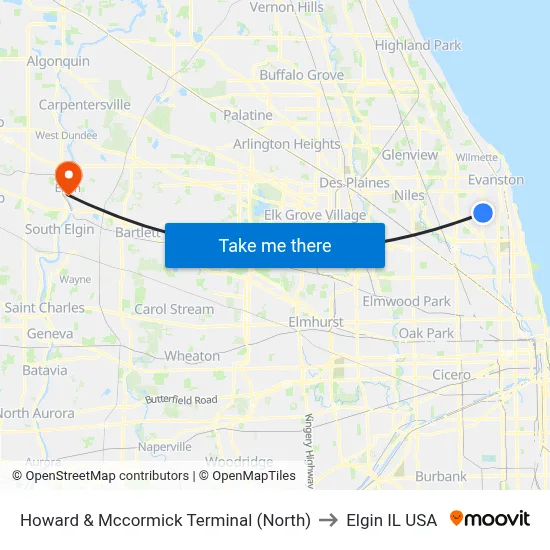 Howard & Mccormick Terminal (North) to Elgin IL USA map