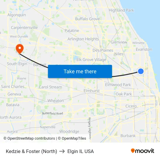 Kedzie & Foster (North) to Elgin IL USA map