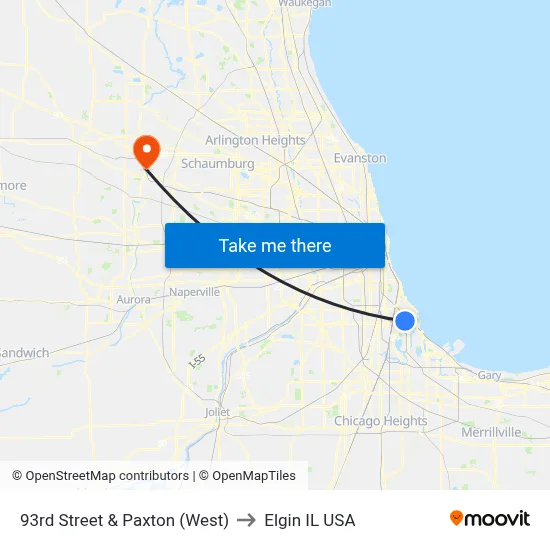93rd Street & Paxton (West) to Elgin IL USA map