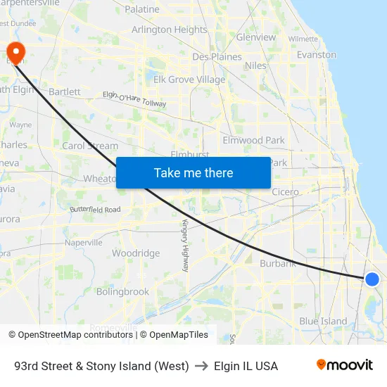 93rd Street & Stony Island (West) to Elgin IL USA map