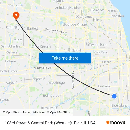 103rd Street & Central Park (West) to Elgin IL USA map