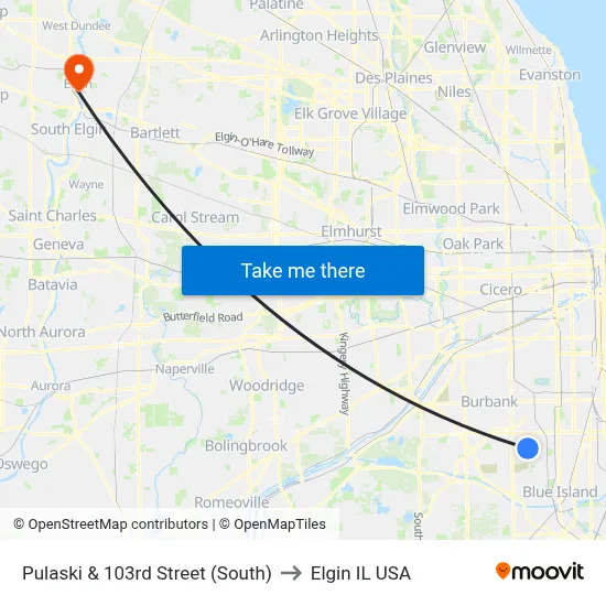 Pulaski & 103rd Street (South) to Elgin IL USA map