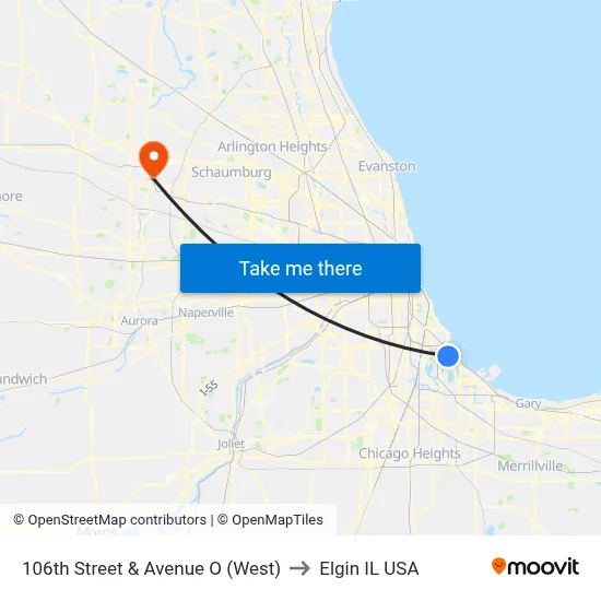 106th Street & Avenue O (West) to Elgin IL USA map