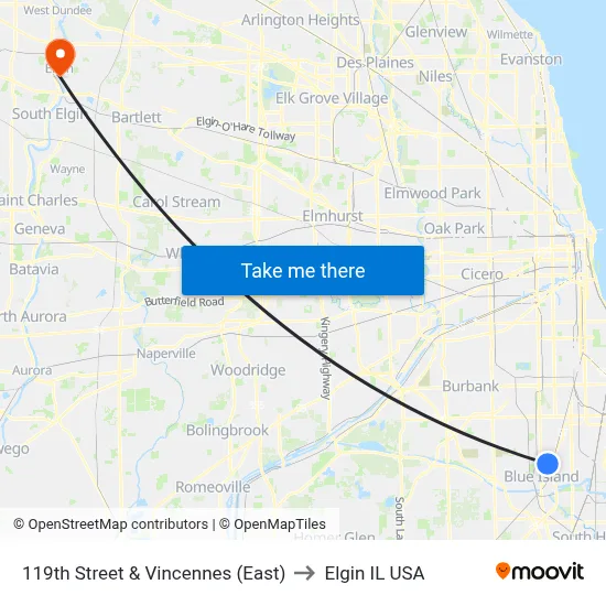 119th Street & Vincennes (East) to Elgin IL USA map