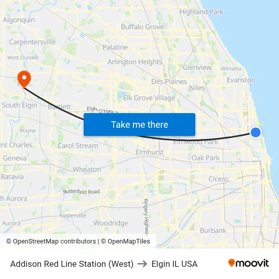 Addison Red Line Station (West) to Elgin IL USA map