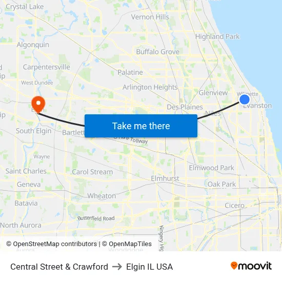 Central Street & Crawford to Elgin IL USA map