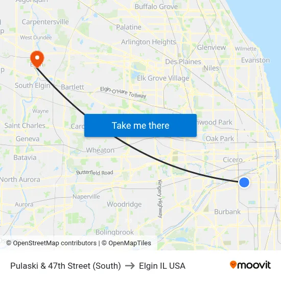 Pulaski & 47th Street (South) to Elgin IL USA map