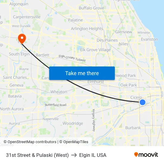 31st Street & Pulaski (West) to Elgin IL USA map
