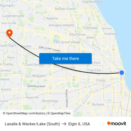 Lasalle & Wacker/Lake (South) to Elgin IL USA map