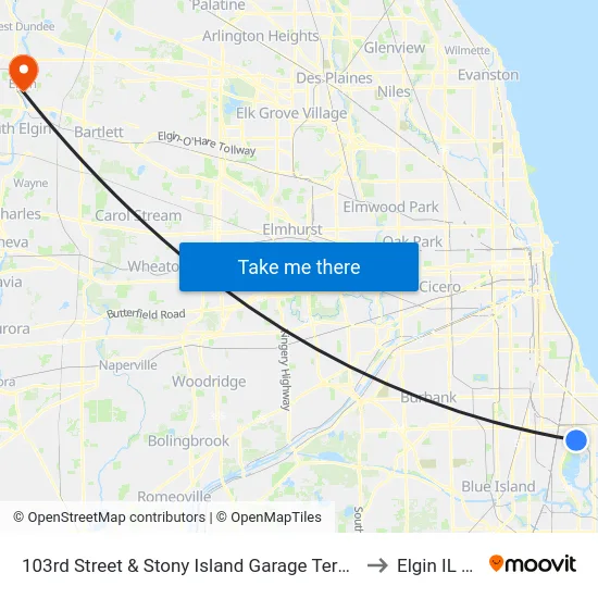 103rd Street & Stony Island Garage Terminal (Se) to Elgin IL USA map