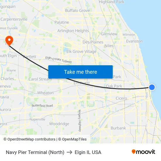 Navy Pier Terminal (North) to Elgin IL USA map