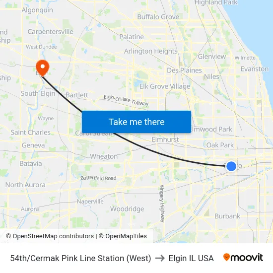 54th/Cermak Pink Line Station (West) to Elgin IL USA map