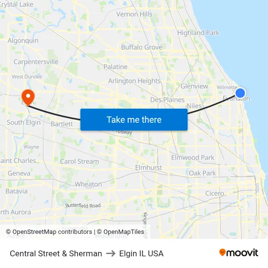 Central Street & Sherman to Elgin IL USA map