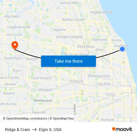 Ridge & Crain to Elgin IL USA map