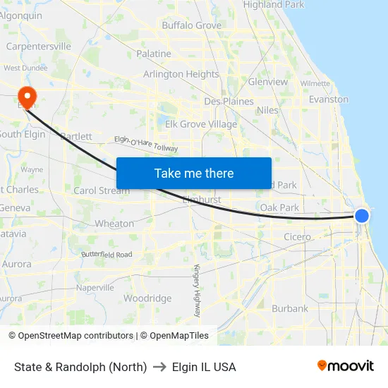 State & Randolph (North) to Elgin IL USA map