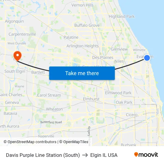 Davis Purple Line Station (South) to Elgin IL USA map