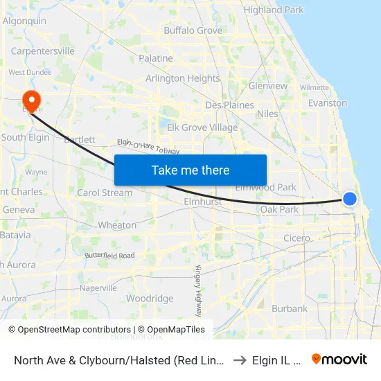 North Ave & Clybourn/Halsted (Red Line) (West) to Elgin IL USA map