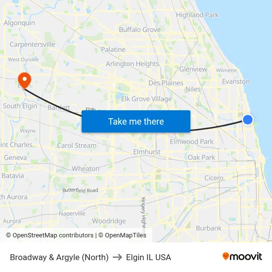 Broadway & Argyle (North) to Elgin IL USA map