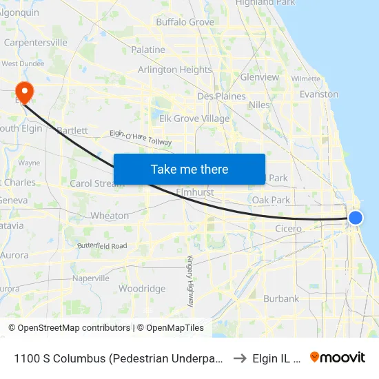 1100 S Columbus (Pedestrian Underpass) (North) to Elgin IL USA map