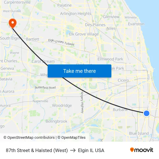 87th Street & Halsted (West) to Elgin IL USA map