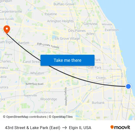 43rd Street & Lake Park (East) to Elgin IL USA map